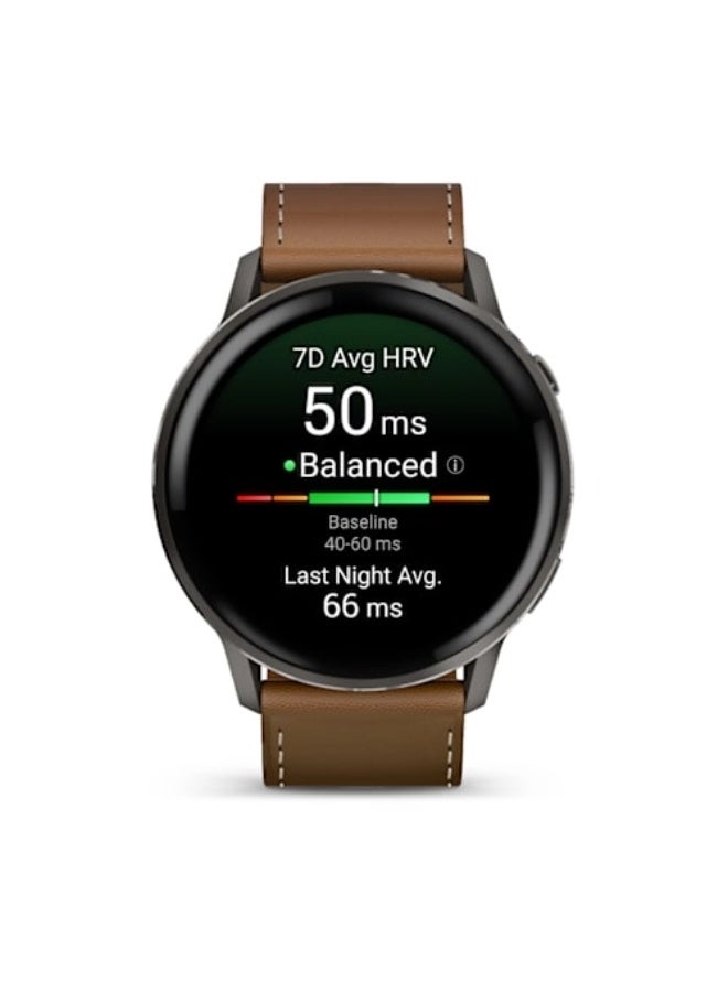 GARMIN Venu 4 – 45 mm - Slate with Black Silicone Band and Brown Leather Band , Upto 12 Days of Battery Life and Bright, Colorful 1.4 Inch Amoled Display , Lightweight 45mm Case with a Metal Design , iOS and Android compatible Brown - Image 2