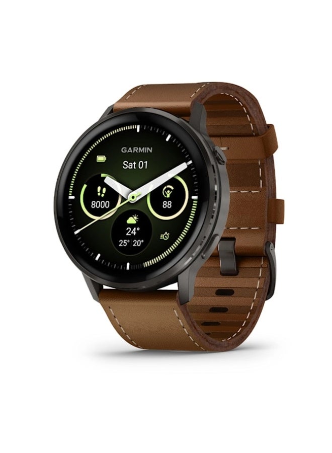 GARMIN Venu 4 – 45 mm - Slate with Black Silicone Band and Brown Leather Band , Upto 12 Days of Battery Life and Bright, Colorful 1.4 Inch Amoled Display , Lightweight 45mm Case with a Metal Design , iOS and Android compatible Brown - Image 1