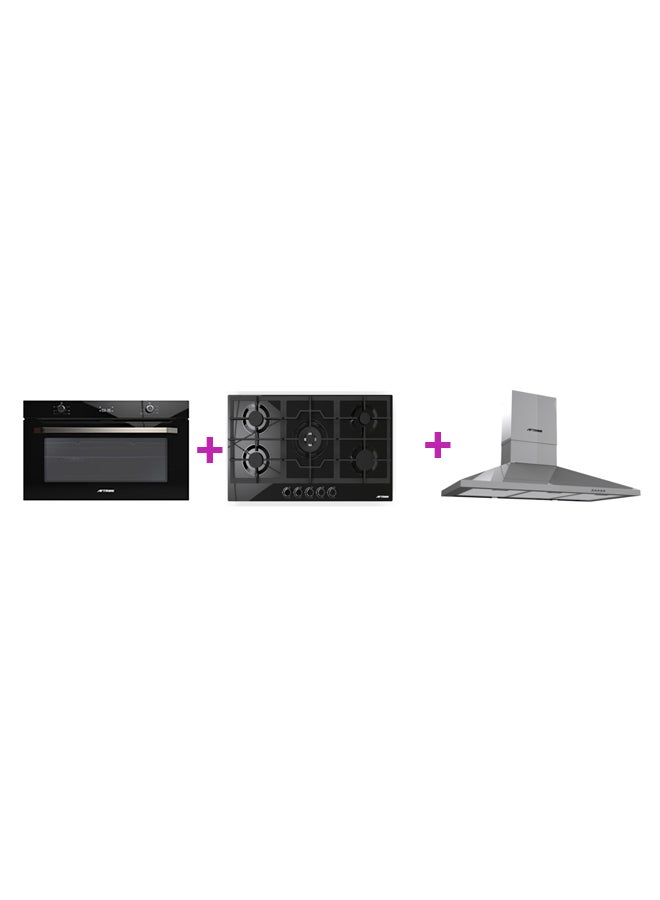 أفترون Bundle 90 x 60 cm Built-in Electric Oven (AFBO90BLK, Black) + 90 cm Built-in Gas Hob (AFHOB9060, Black) + 90 cm Built-in Chimney Hood (AFHOOD90, Silver) AFBO90BLK + AFHOB9060 + AFHOOD90 black - Image 1