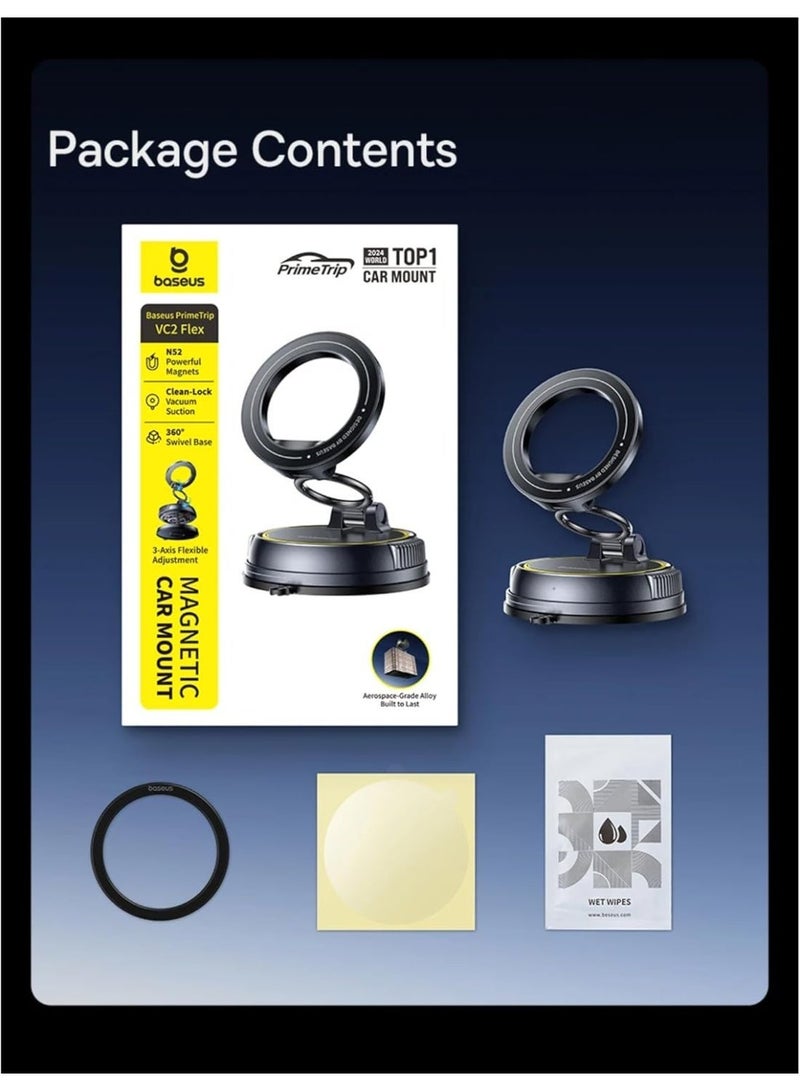 بيسوس PrimeTrip VC2 Flex Magnetic Car Mount – 35N Strong Grip, Vacuum Suction Lock, 720° 3-Axis Adjustment, Universal MagSafe/Android Car Phone Holder Grey - Image 3