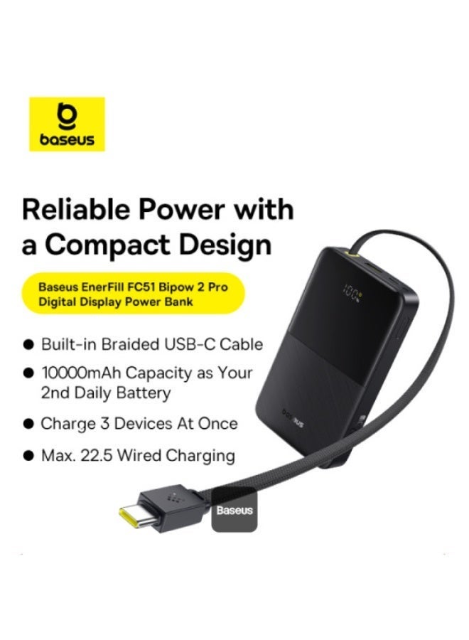 بيسوس EnerFill Bipow2 Pro Power Bank 10000mAh – 22.5W USB-C PD Fast Charging, Built-in Cable, Digital Display, Airline Approved Black - Image 2