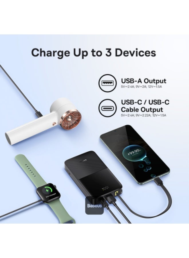 بيسوس EnerFill Bipow2 Pro Power Bank 10000mAh – 22.5W USB-C PD Fast Charging, Built-in Cable, Digital Display, Airline Approved Black - Image 4