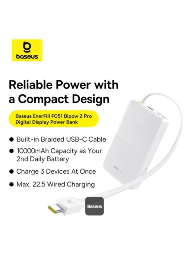 بيسوس بانك طاقة EnerFill Bipow2 Pro سعة 10000mAh – شحن سريع 22.5W USB-C PD، كابل مدمج، شاشة رقمية، معتمد من شركات الطيران - Image 2