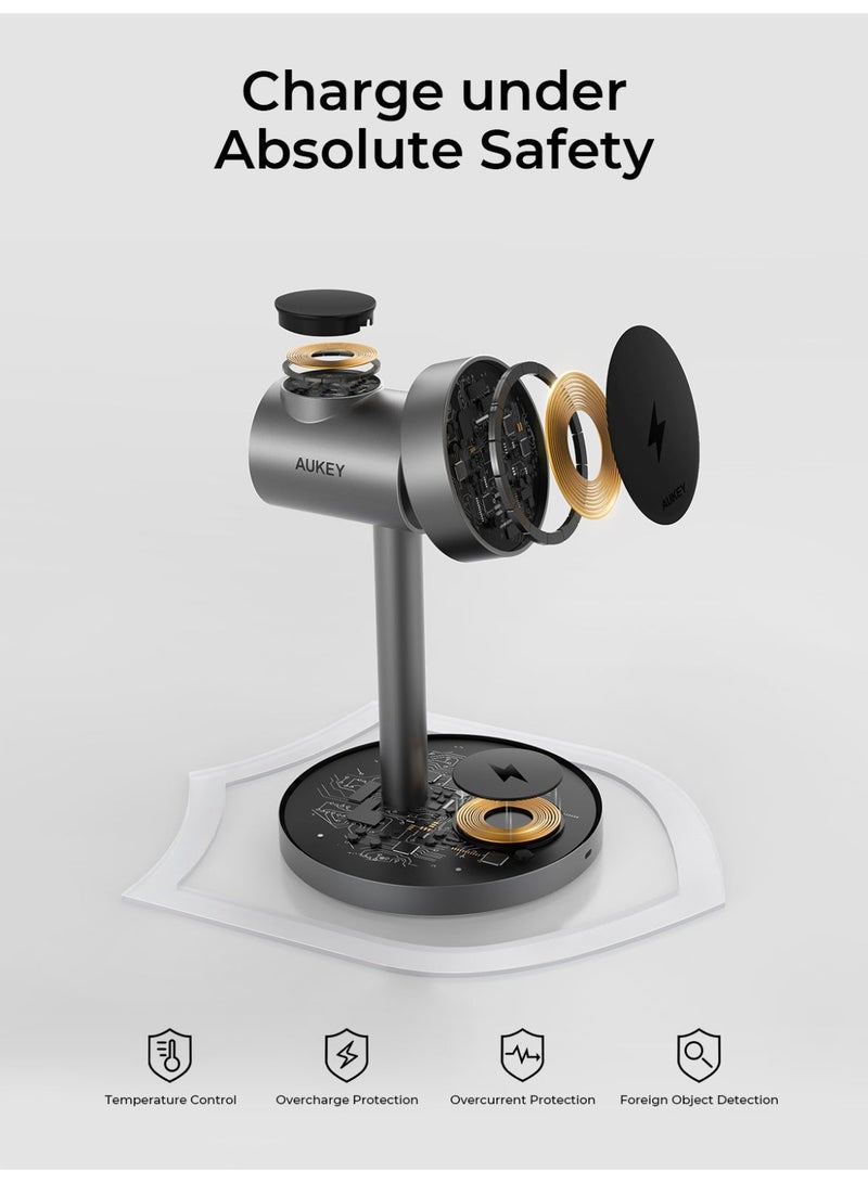 Aukey MagFusion G  Qi2 3-in-1  Magnetic Fast Wireless Samsung Charging Station LC-MC311G - Grey - Image 4