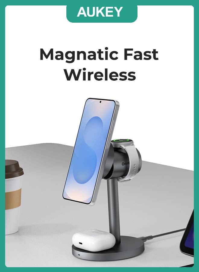 Aukey MagFusion G  Qi2 3-in-1  Magnetic Fast Wireless Samsung Charging Station LC-MC311G - Grey - Image 2