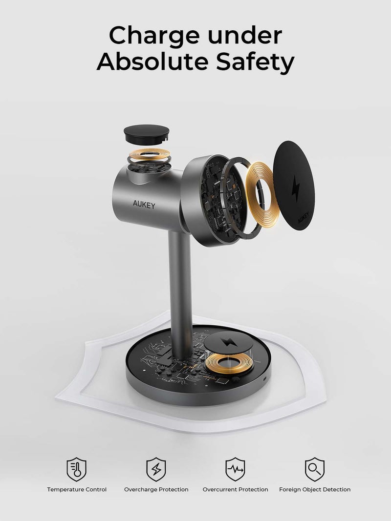 Aukey MagFusion G  Qi2 3-in-1  Magnetic Fast Wireless Samsung Charging Station LC-MC311G - Grey - Image 5