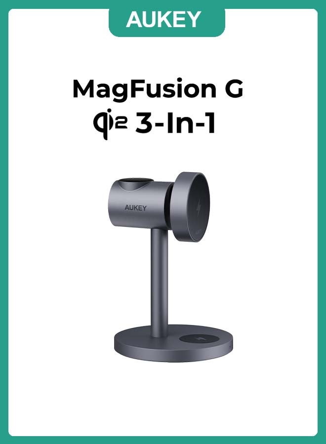 Aukey MagFusion G  Qi2 3-in-1  Magnetic Fast Wireless Samsung Charging Station LC-MC311G - Grey - Image 1