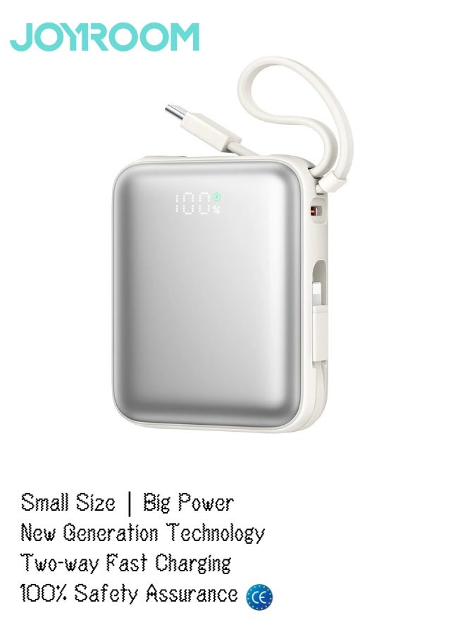JOYROOM 10000mAh Super Mini Fast Charging Power Bank with Built-in Type-C and Lightning Dual Cables, Smart LED Display Powerbank, Dual Input/Output, 3-Device Charging, Compact Portable Battery Pack for iPhone 17 16 and below, Samsung 25 and below and Other Phones – Safe & Heat-Resistant Design - CE Certified Pearl White - Image 1