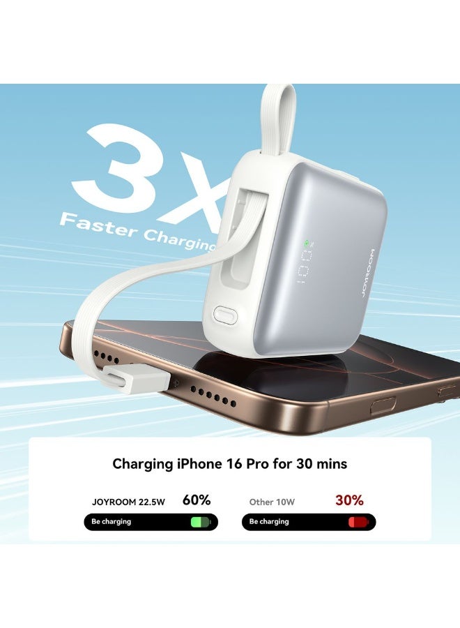 JOYROOM 10000mAh Super Mini Fast Charging Power Bank with Built-in Type-C and Lightning Dual Cables, Smart LED Display Powerbank, Dual Input/Output, 3-Device Charging, Compact Portable Battery Pack for iPhone 17 16 and below, Samsung 25 and below and Other Phones – Safe & Heat-Resistant Design - CE Certified Pearl White - Image 3