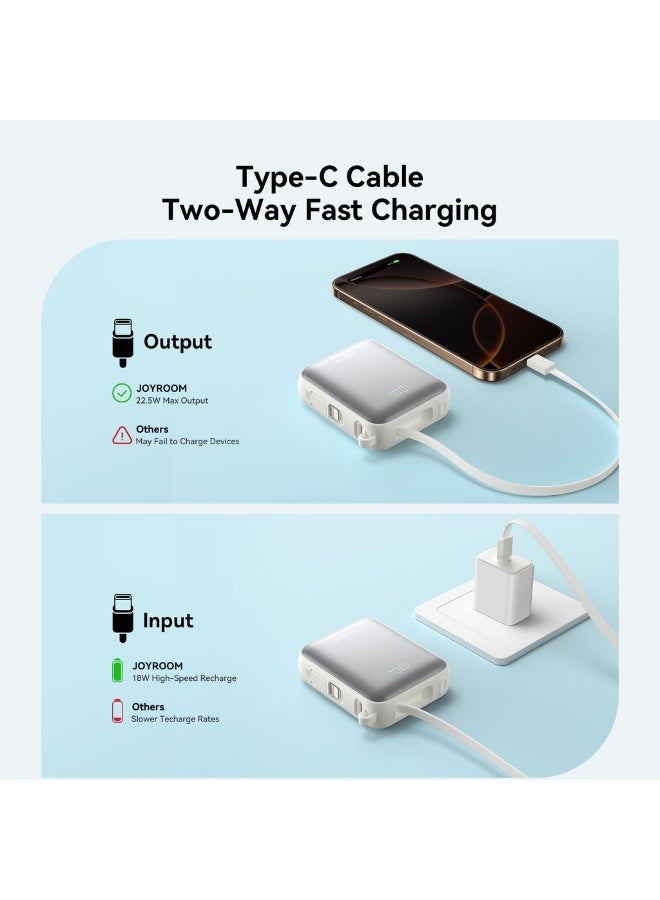 JOYROOM 10000mAh Super Mini Fast Charging Power Bank with Built-in Type-C and Lightning Dual Cables, Smart LED Display Powerbank, Dual Input/Output, 3-Device Charging, Compact Portable Battery Pack for iPhone 17 16 and below, Samsung 25 and below and Other Phones – Safe & Heat-Resistant Design - CE Certified Pearl White - Image 5