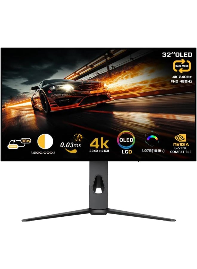 تويستيد مايندز شاشة الألعاب OLED Prestige X بحجم 32 بوصة، 4K 240Hz/FHD 480Hz، HDR10، G-SYNC و FreeSync، زمن استجابة 0.03 مللي ثانية، HDMI 2.1، USB-C 90W، DCI-P3 98.5%، مفتاح KVM، إضاءة RGB، مكبرات صوت مدمجة - Image 1