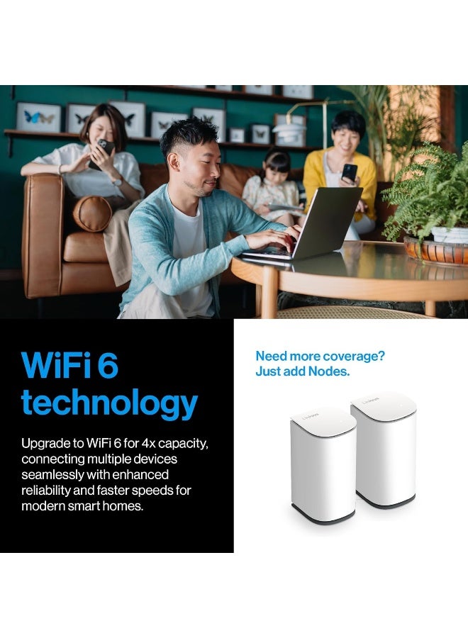LINKSYS Velop Micro Mesh WiFi 6 Node Dual Band AX3000 - High-Speed Cognitive Mesh System with 2.5 Gbps, Coverage up to 2,000 sq. ft. for 75 Devices - White white - Image 2