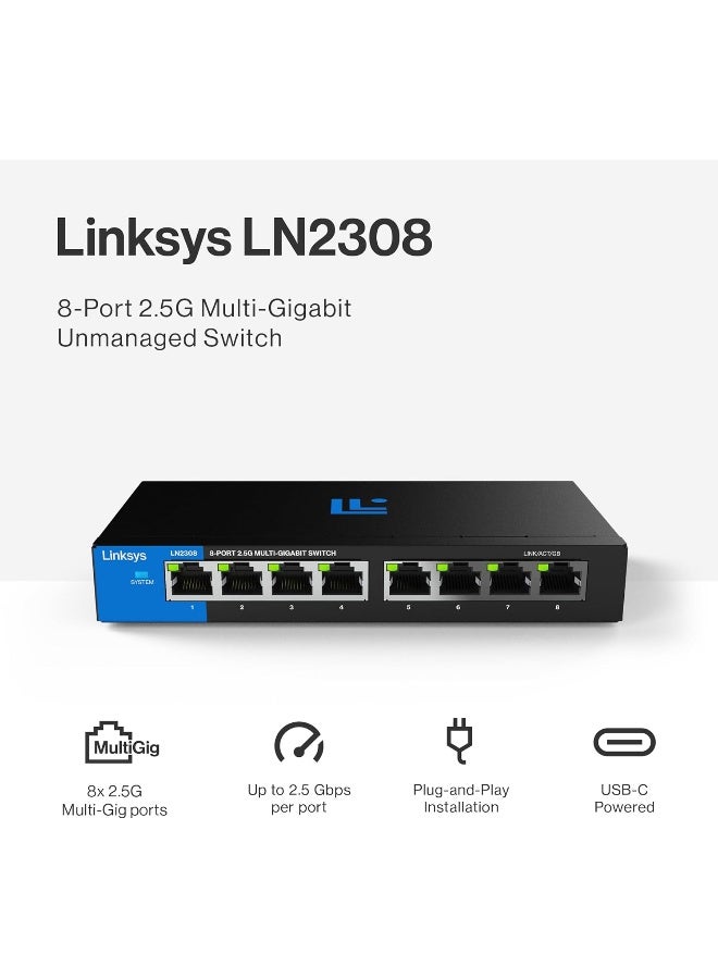LINKSYS 8-Port 2.5G Multi-Gig Unmanaged Switch - Energy-Efficient Ethernet with Fanless Design black - Image 2