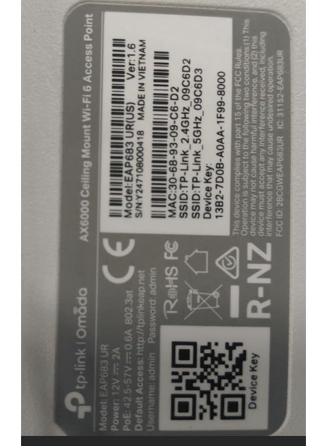 تي بي لينك EAP683 UR Omada WiFi 6 AX6000 Wireless 2.5G Ceiling Mount Access Point with Mesh Support white - Image 5