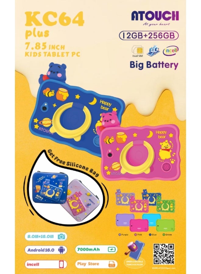 ATOUCH 7.85-inch Incell Screen Kids Smart Learning Tablet KC64 Plus 12GB RAM 256GB ROM Dual Sim 5G Network Built-in 360° Stand with Silicone Case And Portable Bag - Blue - Image 5