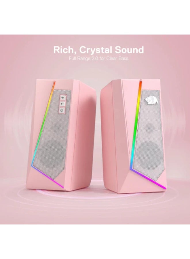 REDRAGON GS520P ANVIL RGB Stereo Gaming Speakers, 2.0 Channel PC Computer Stereo Speaker with 6 Colorful LED Modes, Enhanced Sound and Easy-Access Volume Control, USB Powered w/ 3.5mm Cable, Pink - Image 3