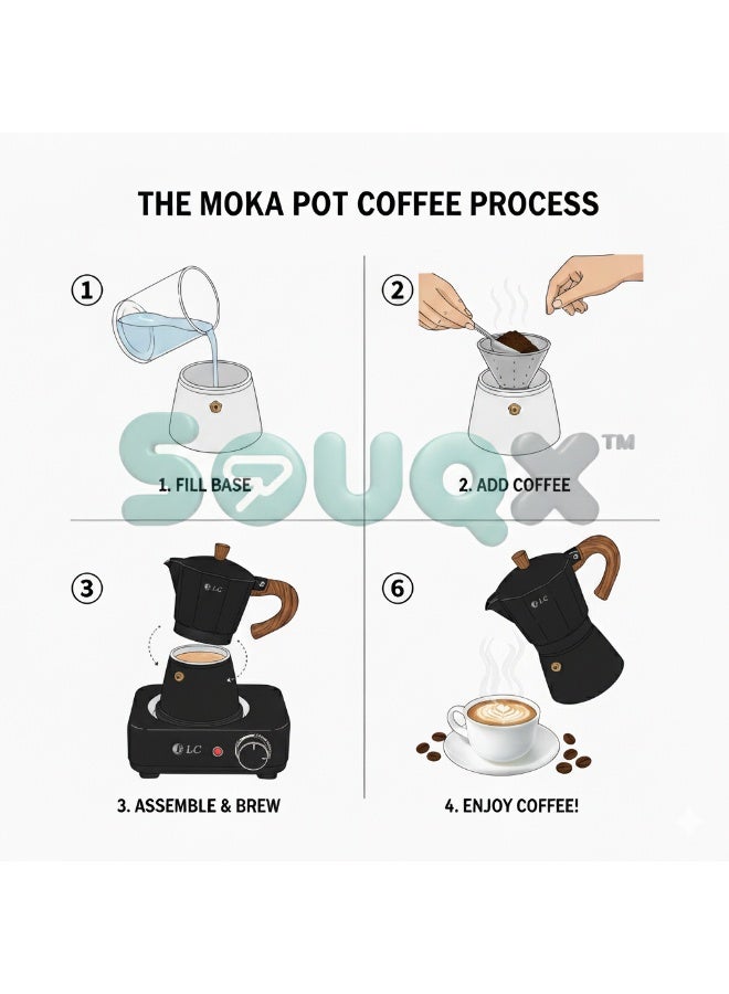 دي إل سي  صانعة القهوة الموكا الكهربائية، 300 مل / 6 أكواب، 500 واط تسخين سريع، تحكم في درجة الحرارة قابل للتعديل، تصميم أسود وخشبي – نموذج DLC-7336 - Image 2