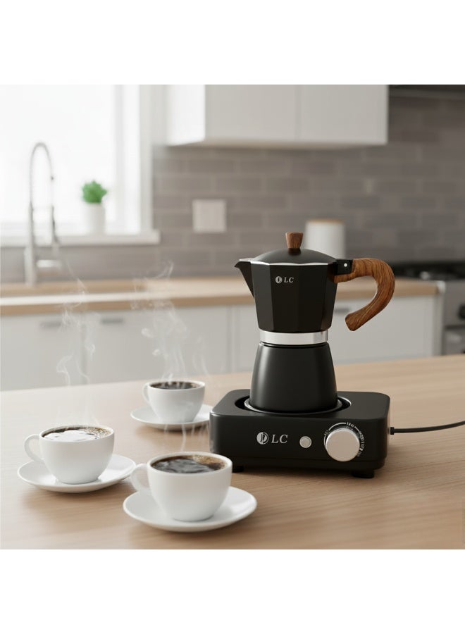 دي إل سي  صانعة القهوة الموكا الكهربائية، 300 مل / 6 أكواب، 500 واط تسخين سريع، تحكم في درجة الحرارة قابل للتعديل، تصميم أسود وخشبي – نموذج DLC-7336 - Image 4