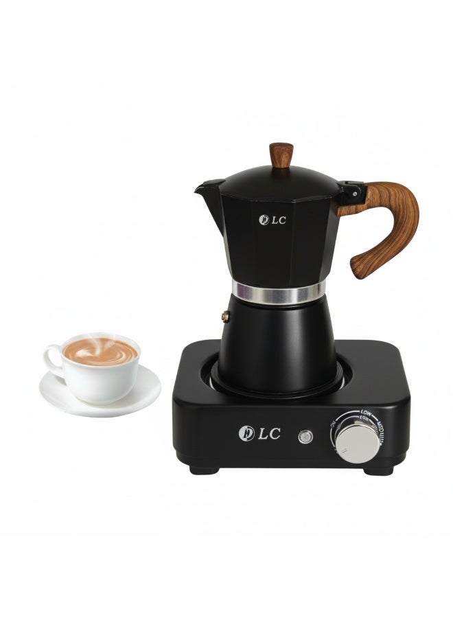 دي إل سي  صانعة القهوة الموكا الكهربائية، 300 مل / 6 أكواب، 500 واط تسخين سريع، تحكم في درجة الحرارة قابل للتعديل، تصميم أسود وخشبي – نموذج DLC-7336 - Image 1