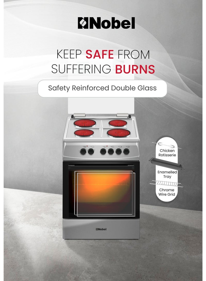 Nobel Electric Cooking Range 4-Hotplate Vitroceramic Free Standing 70L Oven Capacity, Double Glass Door, Glass Top Lid, Adjustable Legs, Inox Finish - NGC6400S (1 Year Warranty) NGC6400S silver - Image 4