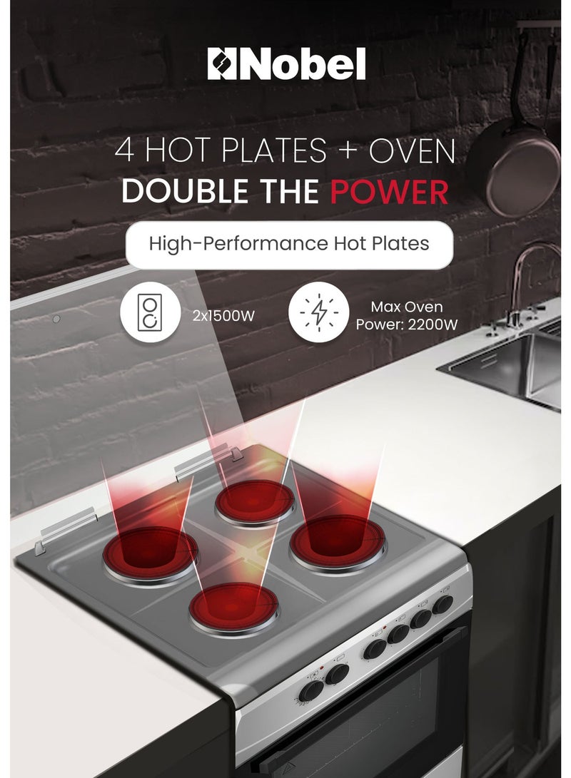 Nobel Electric Cooking Range 4-Hotplate Vitroceramic Free Standing 70L Oven Capacity, Double Glass Door, Glass Top Lid, Adjustable Legs, Inox Finish - NGC6400S (1 Year Warranty) NGC6400S silver - Image 5
