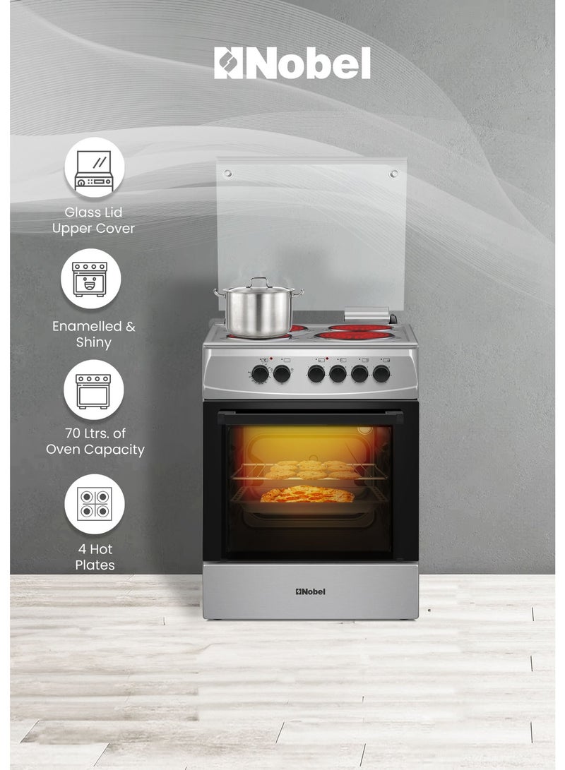 Nobel Electric Cooking Range 4-Hotplate Vitroceramic Free Standing 70L Oven Capacity, Double Glass Door, Glass Top Lid, Adjustable Legs, Inox Finish - NGC6400S (1 Year Warranty) NGC6400S silver - Image 3