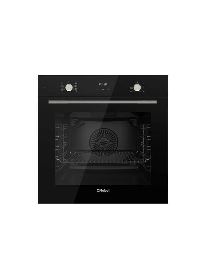 نوبل فرن كهربائي مدمج 60 سم من نوبل 73 لتر مع مؤقت لمسي LED، شواية مروحة توربو، 8 وظائف طهي متعددة، باب زجاجي ثلاثي، تسخين لأعلى ولأسفل، لوحة زجاجية سوداء مقسّاة – NBI64090I (ضمان سنة واحدة) - Image 1