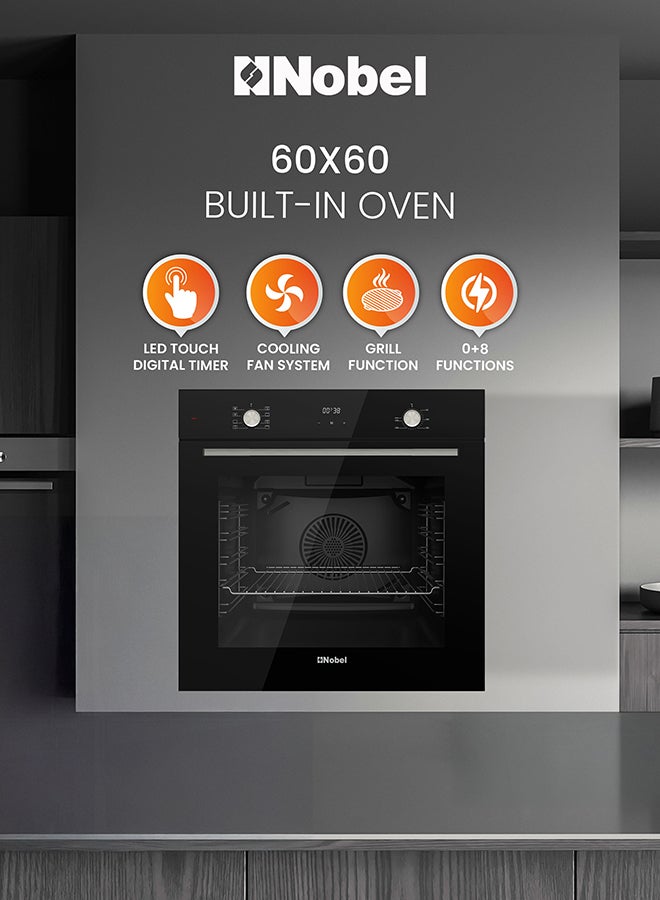 نوبل فرن كهربائي مدمج 60 سم من نوبل 73 لتر مع مؤقت لمسي LED، شواية مروحة توربو، 8 وظائف طهي متعددة، باب زجاجي ثلاثي، تسخين لأعلى ولأسفل، لوحة زجاجية سوداء مقسّاة – NBI64090I (ضمان سنة واحدة) - Image 2