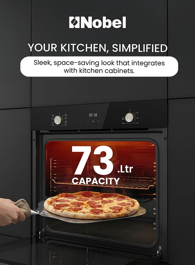 نوبل فرن كهربائي مدمج 60 سم من نوبل 73 لتر مع مؤقت لمسي LED، شواية مروحة توربو، 8 وظائف طهي متعددة، باب زجاجي ثلاثي، تسخين لأعلى ولأسفل، لوحة زجاجية سوداء مقسّاة – NBI64090I (ضمان سنة واحدة) - Image 4