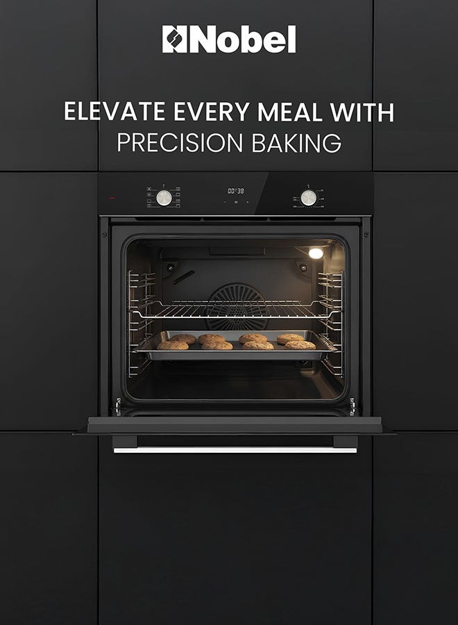 نوبل فرن كهربائي مدمج 60 سم من نوبل 73 لتر مع مؤقت لمسي LED، شواية مروحة توربو، 8 وظائف طهي متعددة، باب زجاجي ثلاثي، تسخين لأعلى ولأسفل، لوحة زجاجية سوداء مقسّاة – NBI64090I (ضمان سنة واحدة) - Image 3