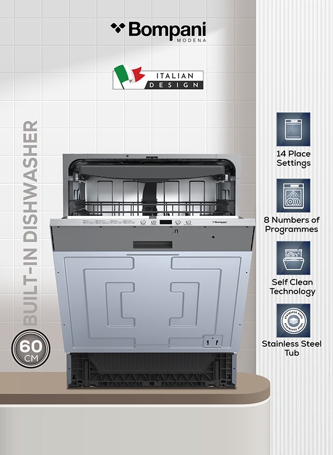 بومباني غسالة صحون مدمجة 60 سم بسعة 14 إعداد، 8 برامج غسيل، تجفيف تلقائي، وظيفة تحميل نصف، حوض من الفولاذ المقاوم للصدأ، أمان أكواستوب، 3 مستويات سلة وسلة للأدوات – BO5171N (ضمان سنة واحدة) - Image 2