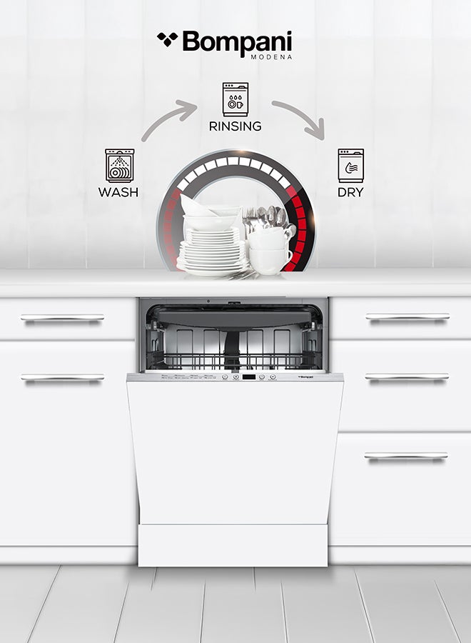 بومباني غسالة صحون مدمجة 60 سم بسعة 14 إعداد، 8 برامج غسيل، تجفيف تلقائي، وظيفة تحميل نصف، حوض من الفولاذ المقاوم للصدأ، أمان أكواستوب، 3 مستويات سلة وسلة للأدوات – BO5171N (ضمان سنة واحدة) - Image 4