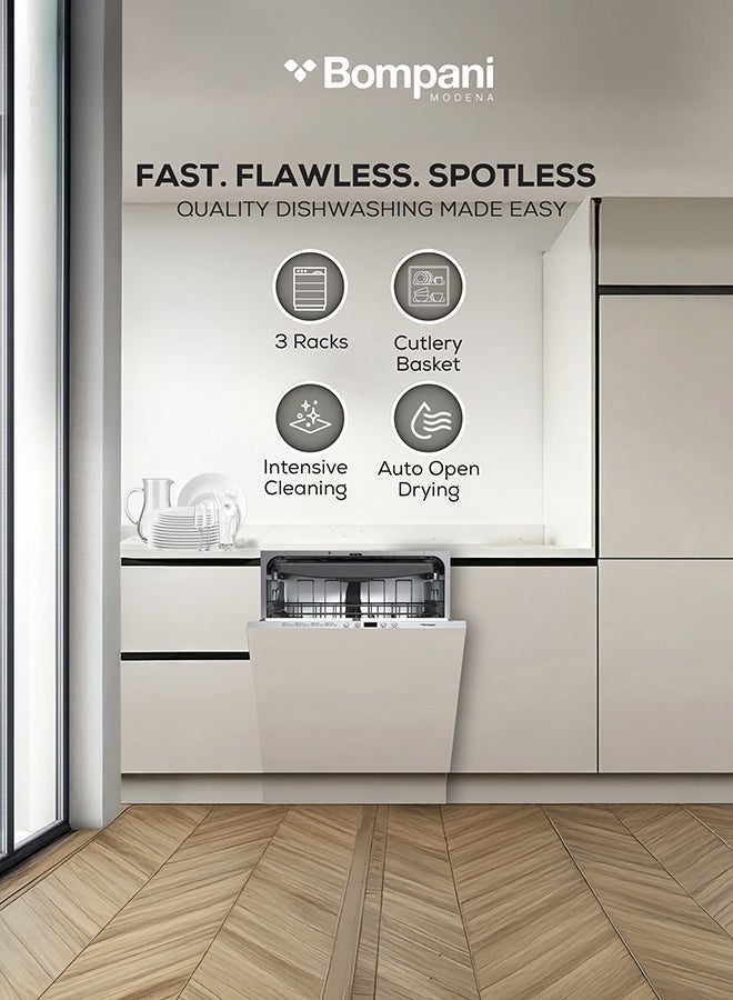 بومباني غسالة صحون مدمجة 60 سم بسعة 14 إعداد، 8 برامج غسيل، تجفيف تلقائي، وظيفة تحميل نصف، حوض من الفولاذ المقاوم للصدأ، أمان أكواستوب، 3 مستويات سلة وسلة للأدوات – BO5171N (ضمان سنة واحدة) - Image 3