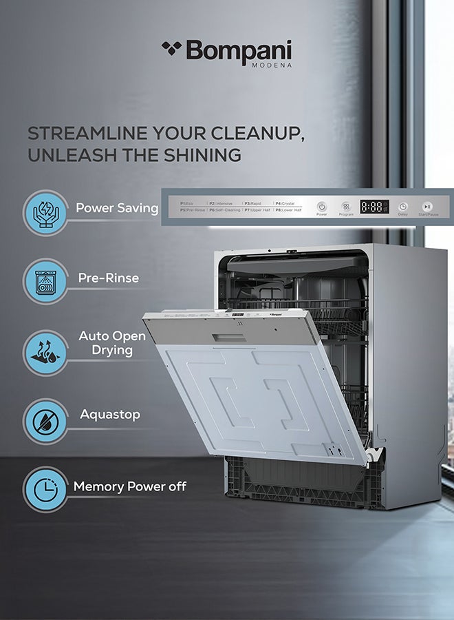 بومباني غسالة صحون مدمجة 60 سم بسعة 14 إعداد، 8 برامج غسيل، تجفيف تلقائي، وظيفة تحميل نصف، حوض من الفولاذ المقاوم للصدأ، أمان أكواستوب، 3 مستويات سلة وسلة للأدوات – BO5171N (ضمان سنة واحدة) - Image 5
