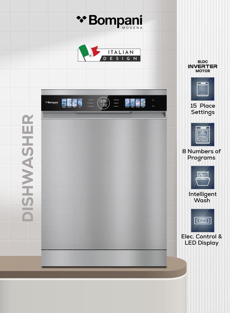 Bompani 60cm Dishwasher with BLDC Inverter Motor, 15 Place Settings, 8 Wash Programs, Ultra-Low Noise, Hot Wind + Auto Open Drying, Intelligent Wash, Stainless Steel Tub, 3 Racks - (1 Year Warranty) 15 kg 1000 W BO5021SN grey - Image 1