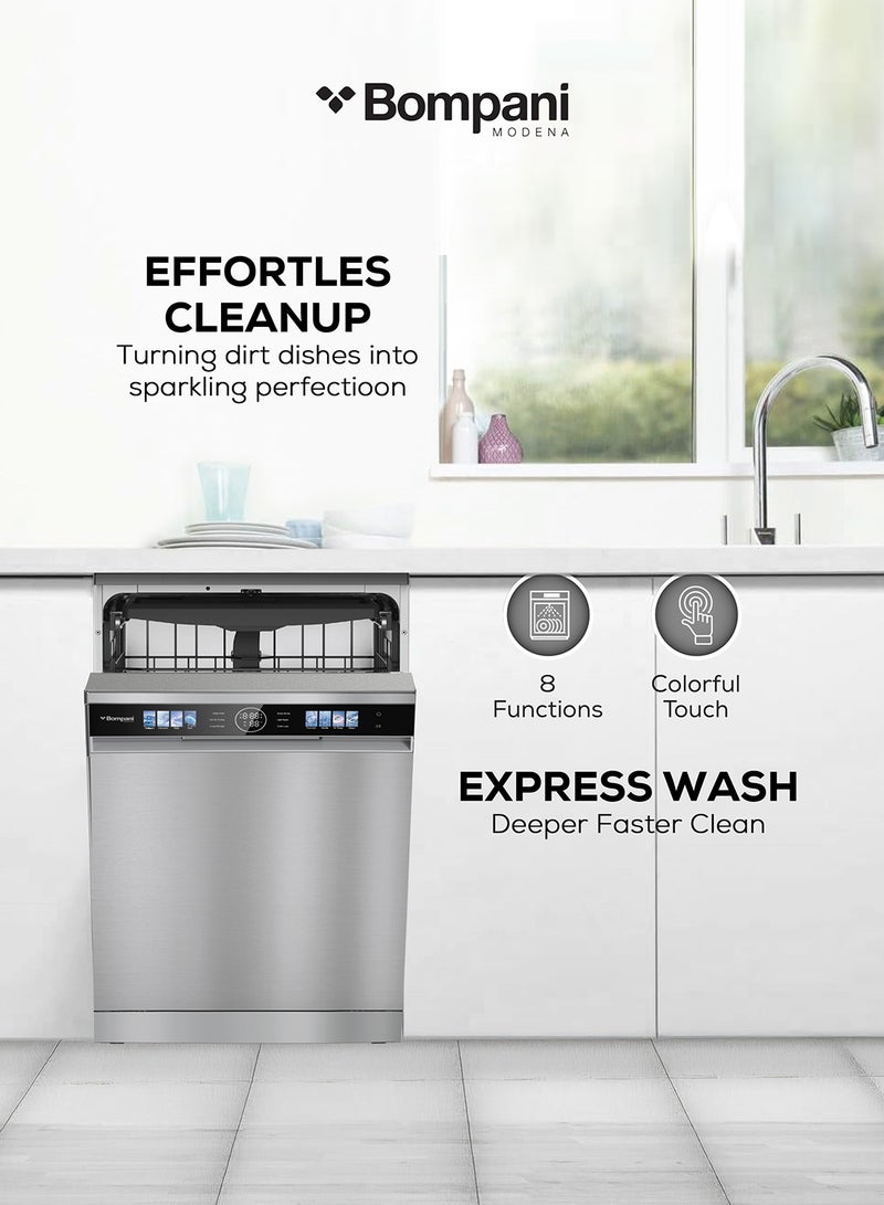 Bompani 60cm Dishwasher with BLDC Inverter Motor, 15 Place Settings, 8 Wash Programs, Ultra-Low Noise, Hot Wind + Auto Open Drying, Intelligent Wash, Stainless Steel Tub, 3 Racks - (1 Year Warranty) 15 kg 1000 W BO5021SN grey - Image 3