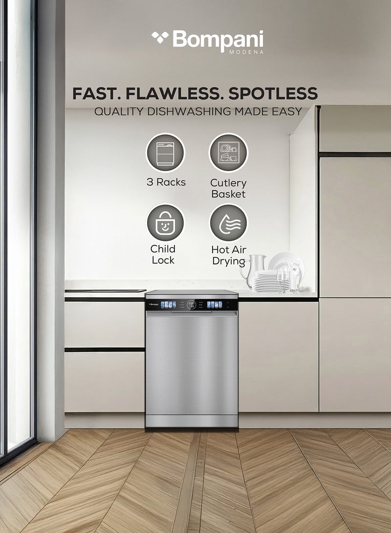 Bompani 60cm Dishwasher with BLDC Inverter Motor, 15 Place Settings, 8 Wash Programs, Ultra-Low Noise, Hot Wind + Auto Open Drying, Intelligent Wash, Stainless Steel Tub, 3 Racks - (1 Year Warranty) 15 kg 1000 W BO5021SN grey - Image 2