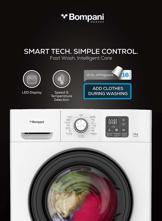 Bompani 6Kg Front Load Washing Machine with BLDC Inverter Motor 1200RPM, LED Display, 16 Wash Programs, High-Temperature Sterilization, Anti-Twist Technology, Energy Efficient – (1 Year Warranty) 6 kg 1600 W BI2876I white - Image 5