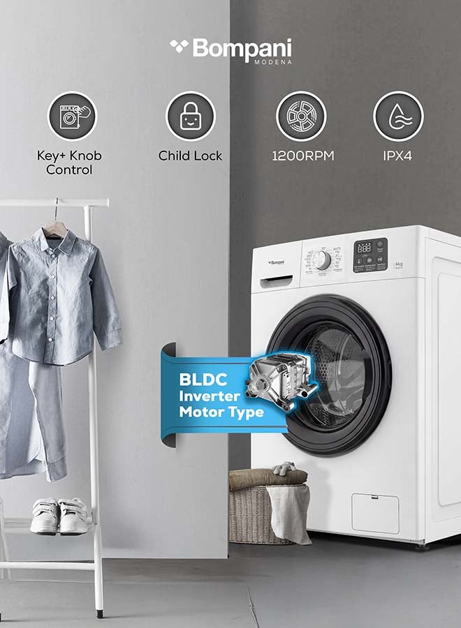 Bompani 6Kg Front Load Washing Machine with BLDC Inverter Motor 1200RPM, LED Display, 16 Wash Programs, High-Temperature Sterilization, Anti-Twist Technology, Energy Efficient – (1 Year Warranty) 6 kg 1600 W BI2876I white - Image 3