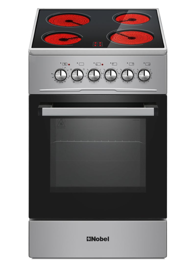 نوبل موقد كهربائي 50×60 سم، سطح سيراميك 4 مناطق، سعة فرن 58 لتر، 9 مستويات طاقة، تحكم في الترموستات، مروحة توربو، باب زجاجي مزدوج، أرجل قابلة للتعديل - NGC5060VT (ضمان سنة واحدة) - Image 1