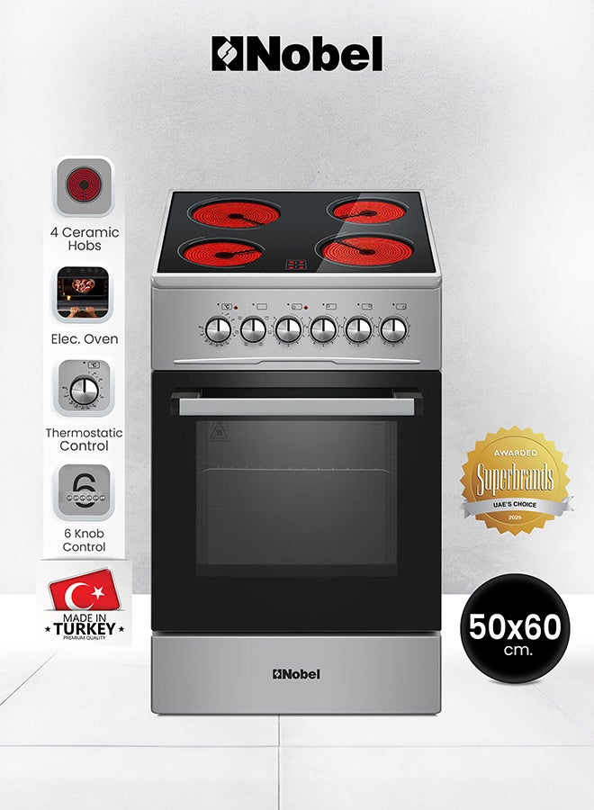 نوبل موقد كهربائي 50×60 سم، سطح سيراميك 4 مناطق، سعة فرن 58 لتر، 9 مستويات طاقة، تحكم في الترموستات، مروحة توربو، باب زجاجي مزدوج، أرجل قابلة للتعديل - NGC5060VT (ضمان سنة واحدة) - Image 2