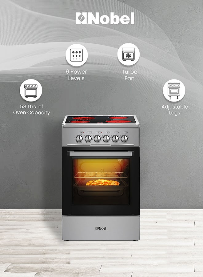 نوبل موقد كهربائي 50×60 سم، سطح سيراميك 4 مناطق، سعة فرن 58 لتر، 9 مستويات طاقة، تحكم في الترموستات، مروحة توربو، باب زجاجي مزدوج، أرجل قابلة للتعديل - NGC5060VT (ضمان سنة واحدة) - Image 3