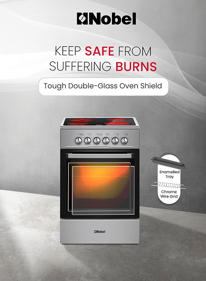 نوبل موقد كهربائي 50×60 سم، سطح سيراميك 4 مناطق، سعة فرن 58 لتر، 9 مستويات طاقة، تحكم في الترموستات، مروحة توربو، باب زجاجي مزدوج، أرجل قابلة للتعديل - NGC5060VT (ضمان سنة واحدة) - Image 4