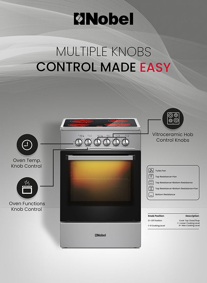 نوبل موقد كهربائي 50×60 سم، سطح سيراميك 4 مناطق، سعة فرن 58 لتر، 9 مستويات طاقة، تحكم في الترموستات، مروحة توربو، باب زجاجي مزدوج، أرجل قابلة للتعديل - NGC5060VT (ضمان سنة واحدة) - Image 5