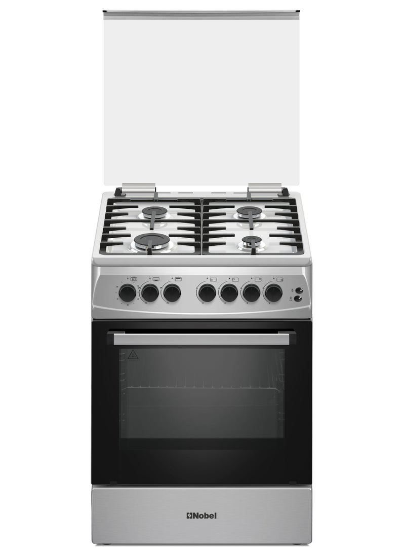 نوبل موقد غاز 60×60، 4 شعلات غاز تركية، فرن غاز سعة 70 لتر، إشعال بزر ضغط، باب زجاجي مزدوج، أمان FFD، غطاء زجاجي، أرجل قابلة للتعديل - NGC6062I (ضمان سنة واحدة) - Image 1