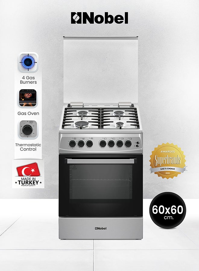 نوبل موقد غاز 60×60، 4 شعلات غاز تركية، فرن غاز سعة 70 لتر، إشعال بزر ضغط، باب زجاجي مزدوج، أمان FFD، غطاء زجاجي، أرجل قابلة للتعديل - NGC6062I (ضمان سنة واحدة) - Image 2