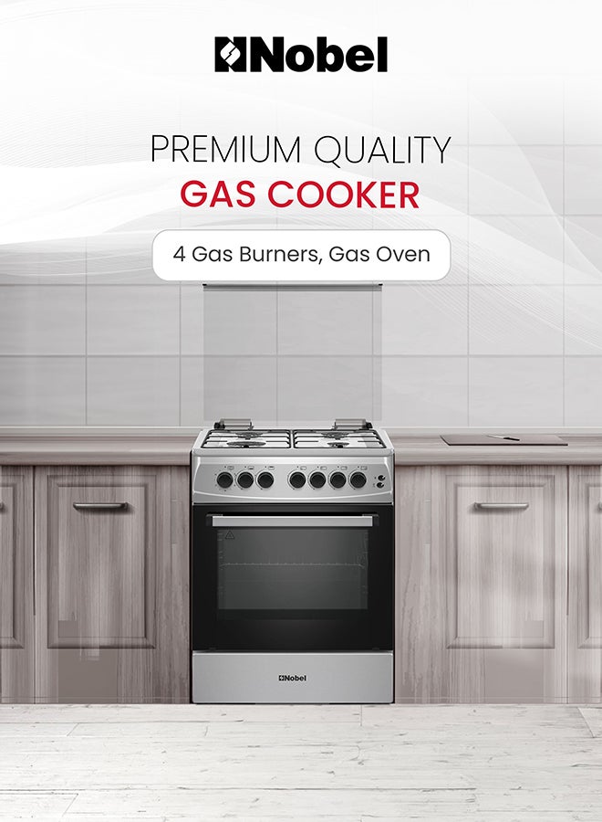 نوبل موقد غاز 60×60، 4 شعلات غاز تركية، فرن غاز سعة 70 لتر، إشعال بزر ضغط، باب زجاجي مزدوج، أمان FFD، غطاء زجاجي، أرجل قابلة للتعديل - NGC6062I (ضمان سنة واحدة) - Image 3