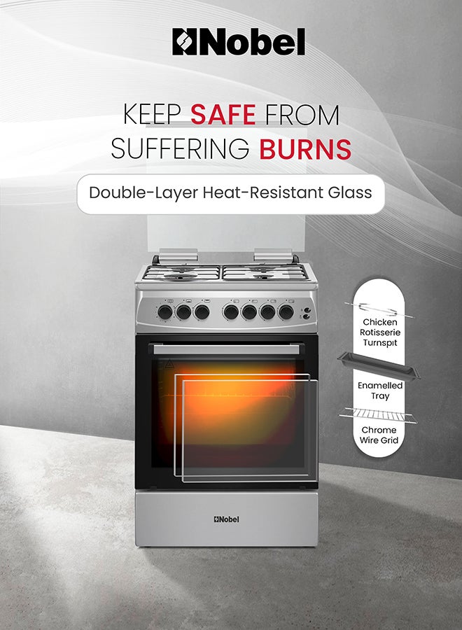 نوبل موقد غاز 60×60، 4 شعلات غاز تركية، فرن غاز سعة 70 لتر، إشعال بزر ضغط، باب زجاجي مزدوج، أمان FFD، غطاء زجاجي، أرجل قابلة للتعديل - NGC6062I (ضمان سنة واحدة) - Image 5