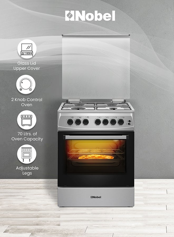 نوبل موقد غاز 60×60، 4 شعلات غاز تركية، فرن غاز سعة 70 لتر، إشعال بزر ضغط، باب زجاجي مزدوج، أمان FFD، غطاء زجاجي، أرجل قابلة للتعديل - NGC6062I (ضمان سنة واحدة) - Image 4
