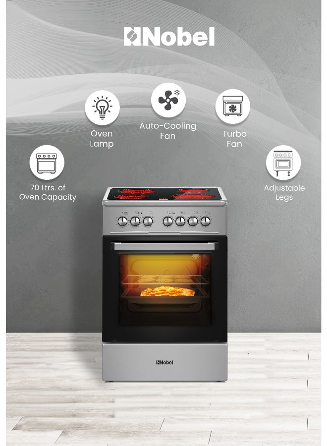 Nobel 60x60cm Vitroceramic Cooking Range 4 Highlight Ceramic Heaters, 70L Electric Oven, 9 Power Levels, Turbo Fan, Mechanical Timer, Double Glass Door, Cooling Fan Free Standing Electric Cooker - NGC60VTI (1 Year Warranty) NGC60VTI silver - Image 4